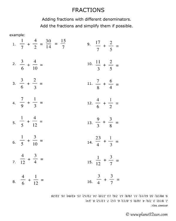 Grade 5 Adding Fractions With Different Denominators Worksheet