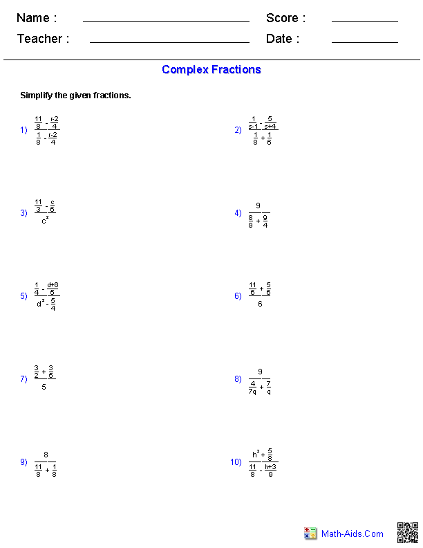Complex Rational Expressions Worksheet