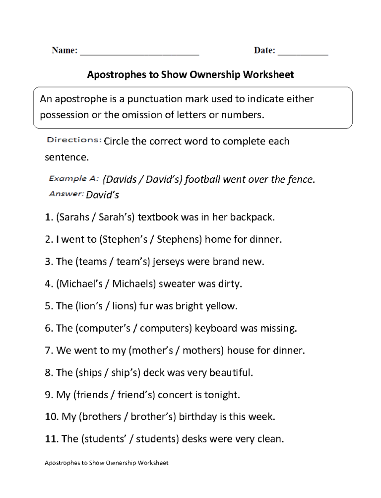 3rd Grade Apostrophe Worksheets With Answer Key