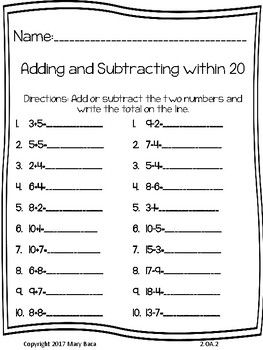 2nd Grade Adding And Subtracting Within 20 Worksheets