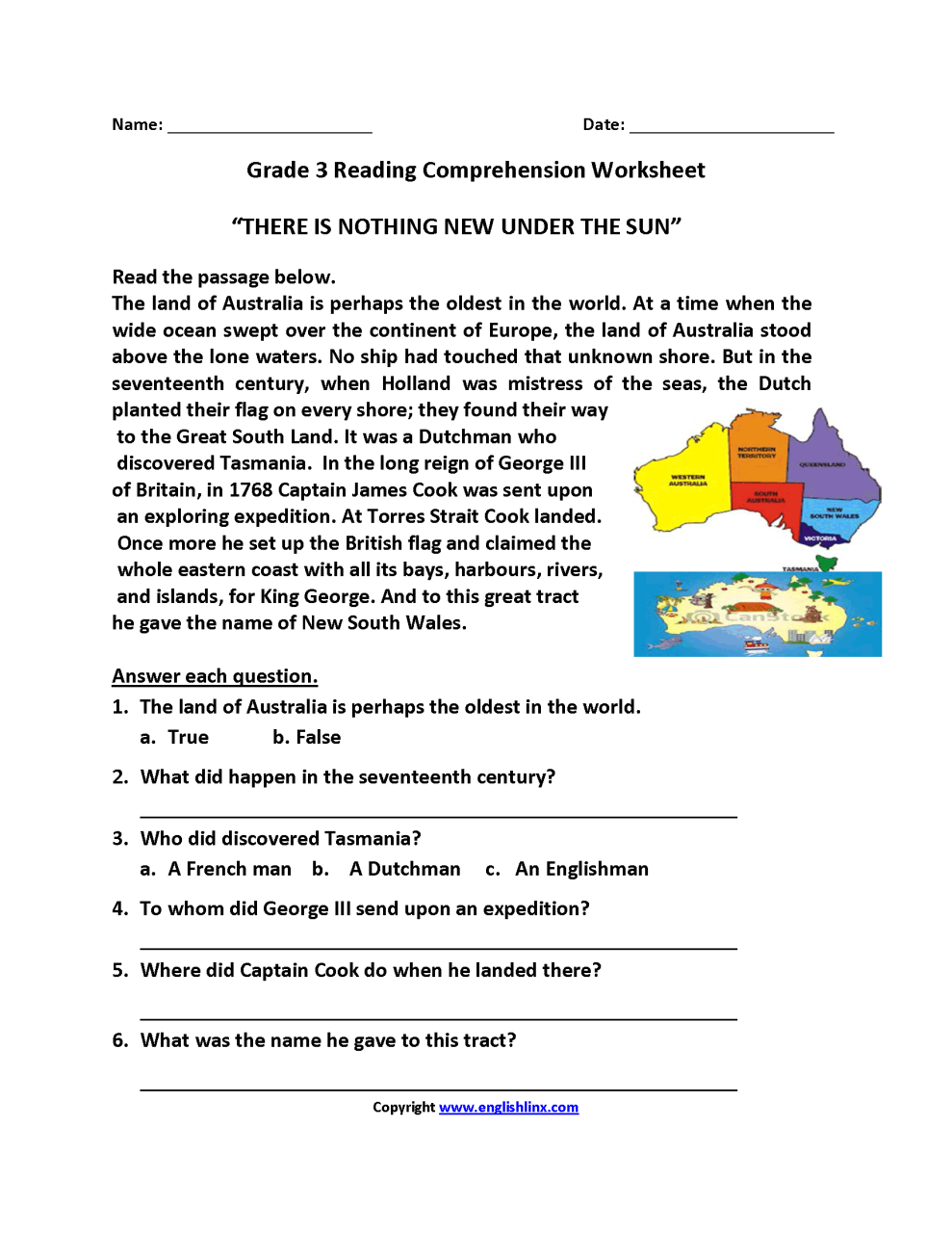 3rd Grade Grade 3 Reading Comprehension Worksheets Pdf