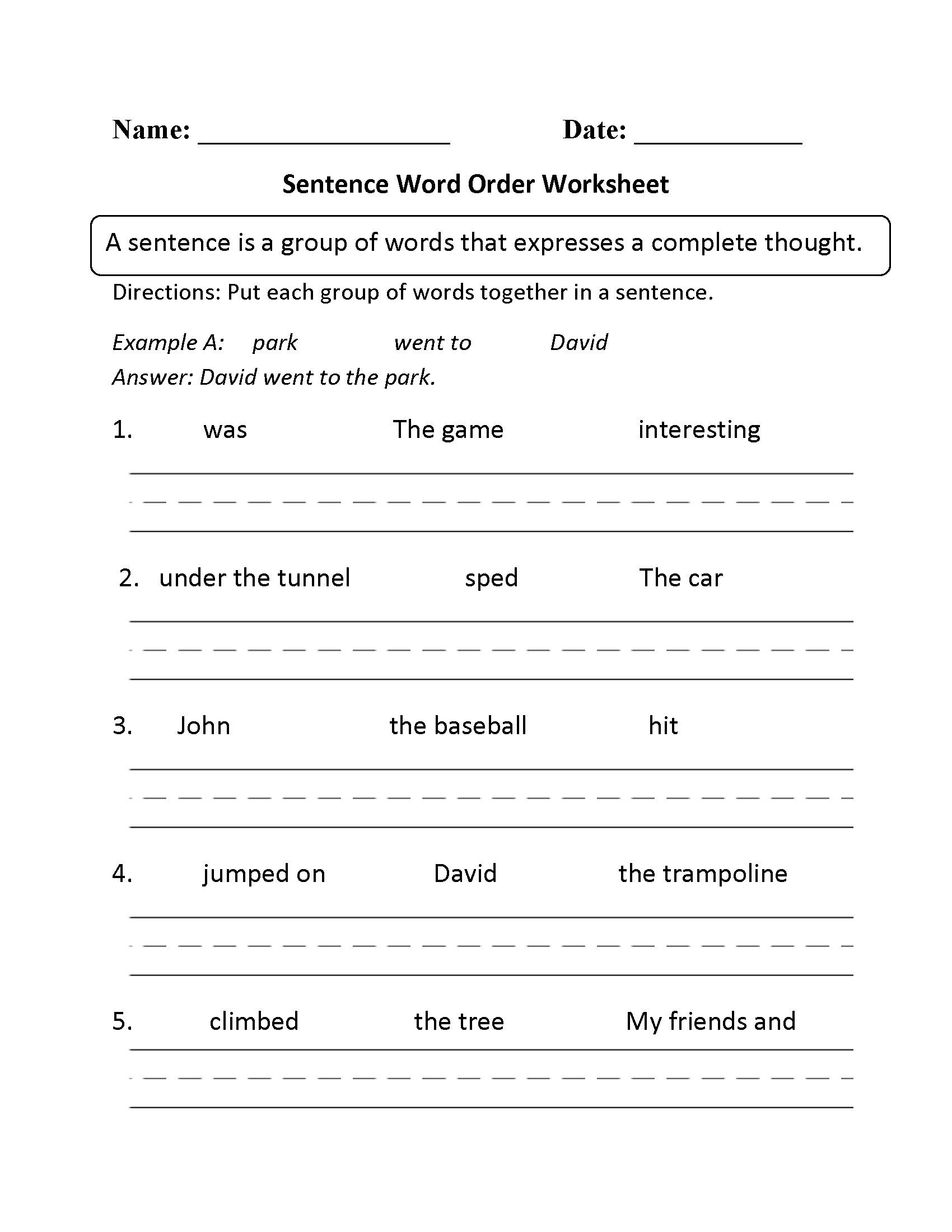 1st Grade Sentence Structure Worksheets Pdf