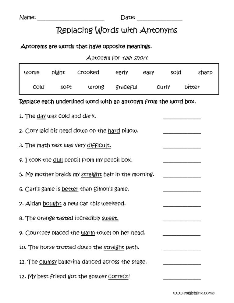 Antonyms Worksheets For Grade 2