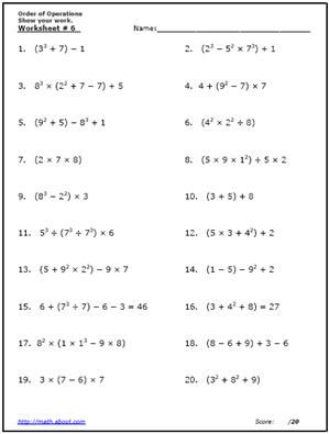 5th Grade Math Worksheets Order Of Operations