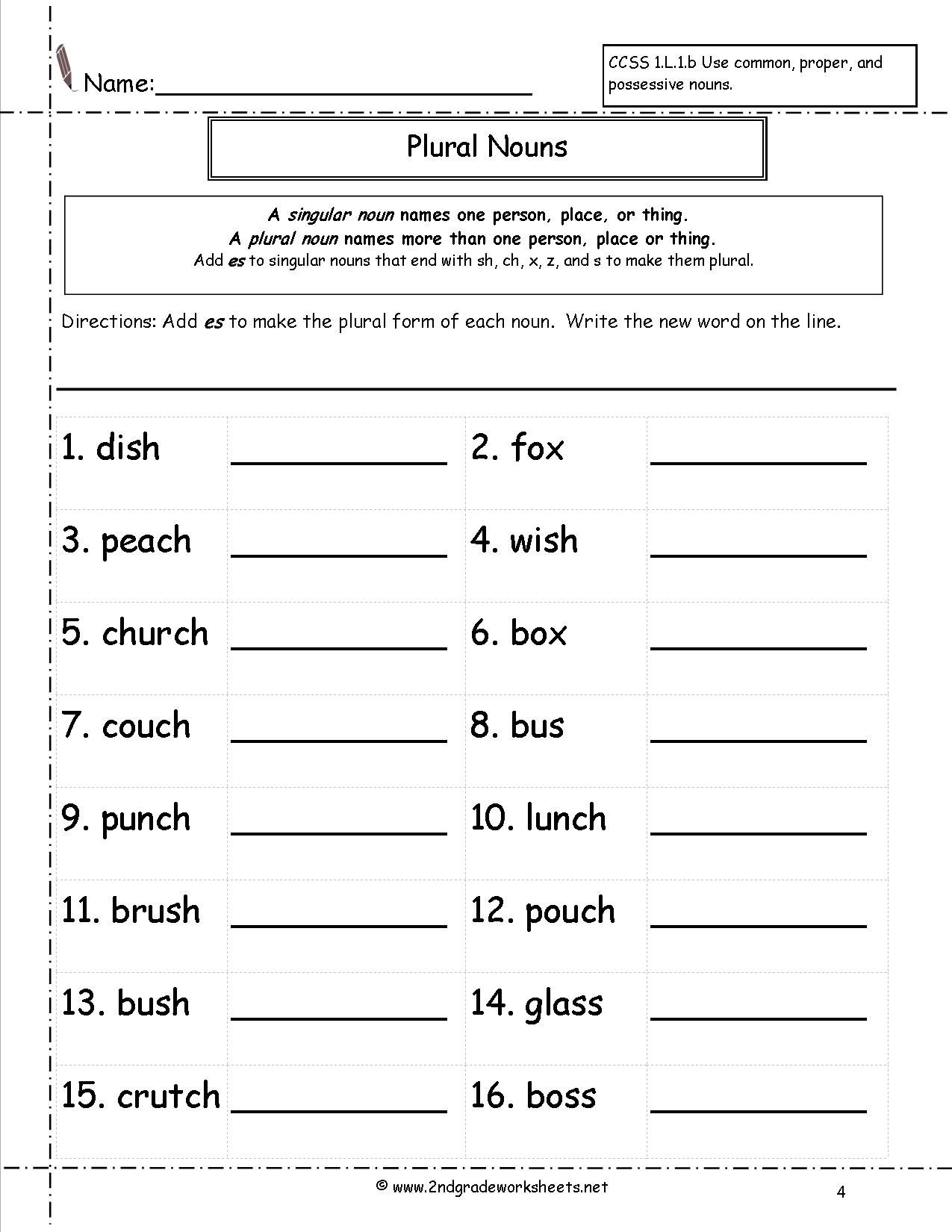 2nd Grade Grade 2 Singular And Plural Nouns Worksheet