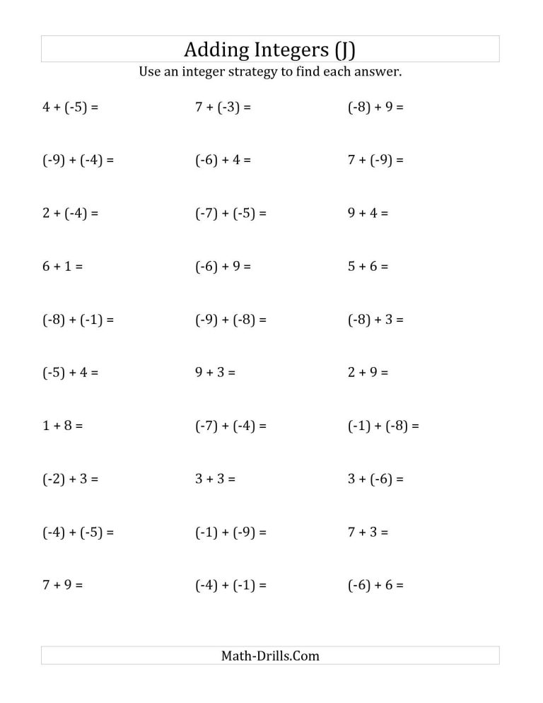 Adding And Subtracting Integers Worksheet Pdf Math Drills
