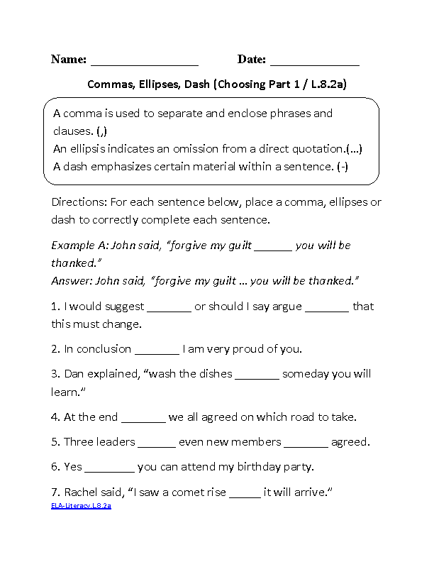 8th Grade Worksheets English