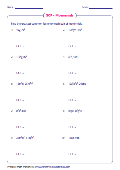 Greatest Common Factor Worksheets With Answer Key