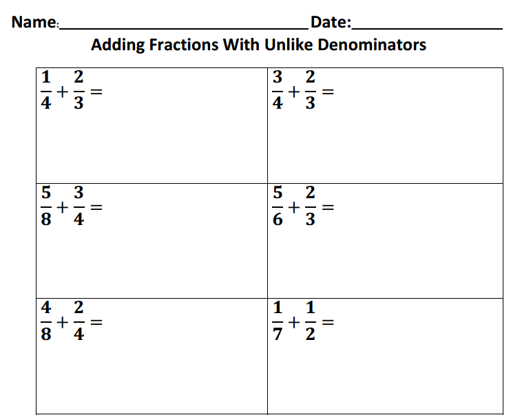 Adding Fractions With Different Denominators Worksheet With Answers