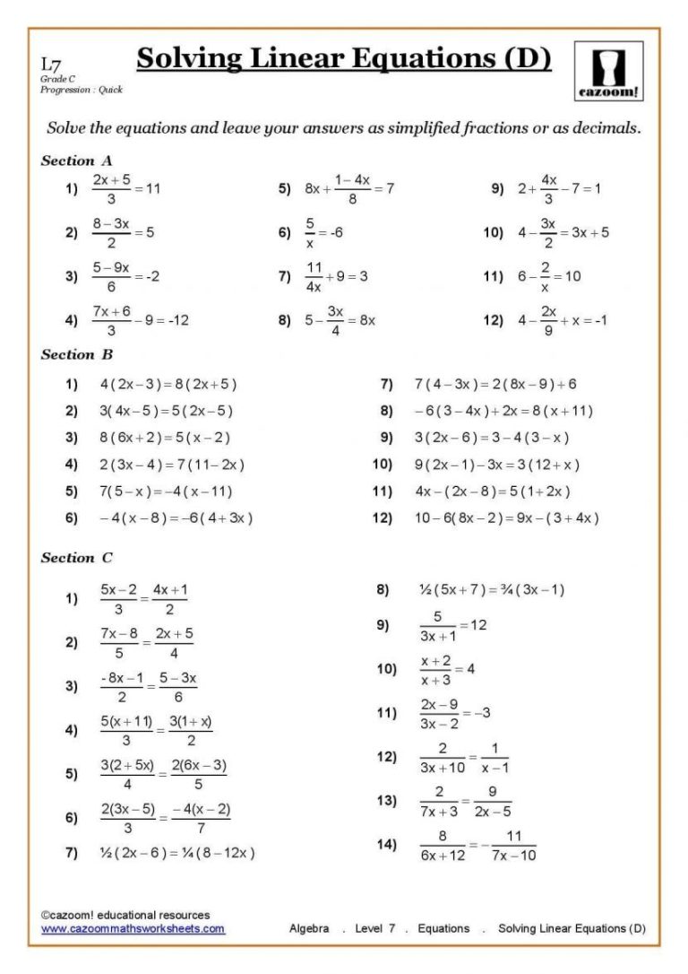 Free Algebra Worksheets With Answers Pdf