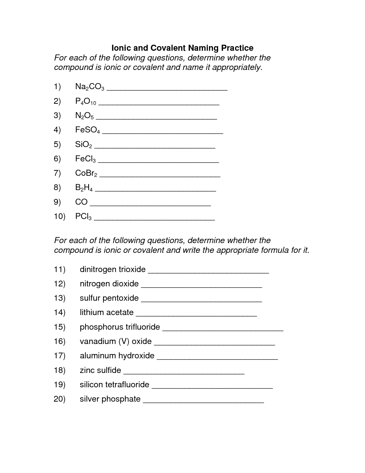 Naming Ionic And Covalent Compounds Worksheet With Answers