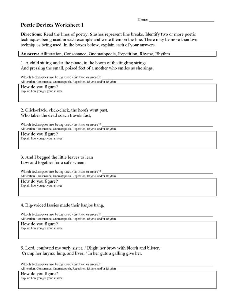 Poetic Devices Worksheet 1 Answer Key