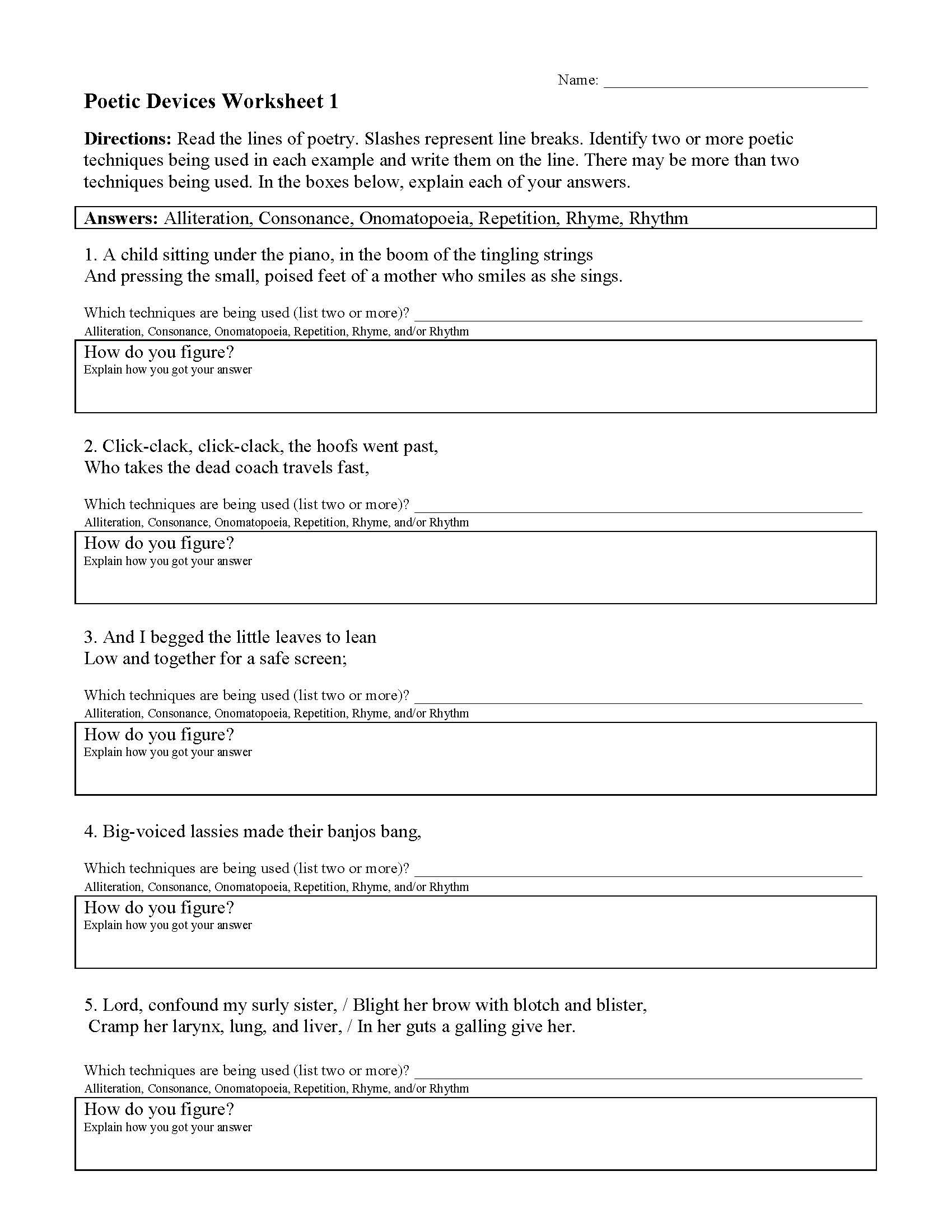 Poetic Devices Worksheet Answers