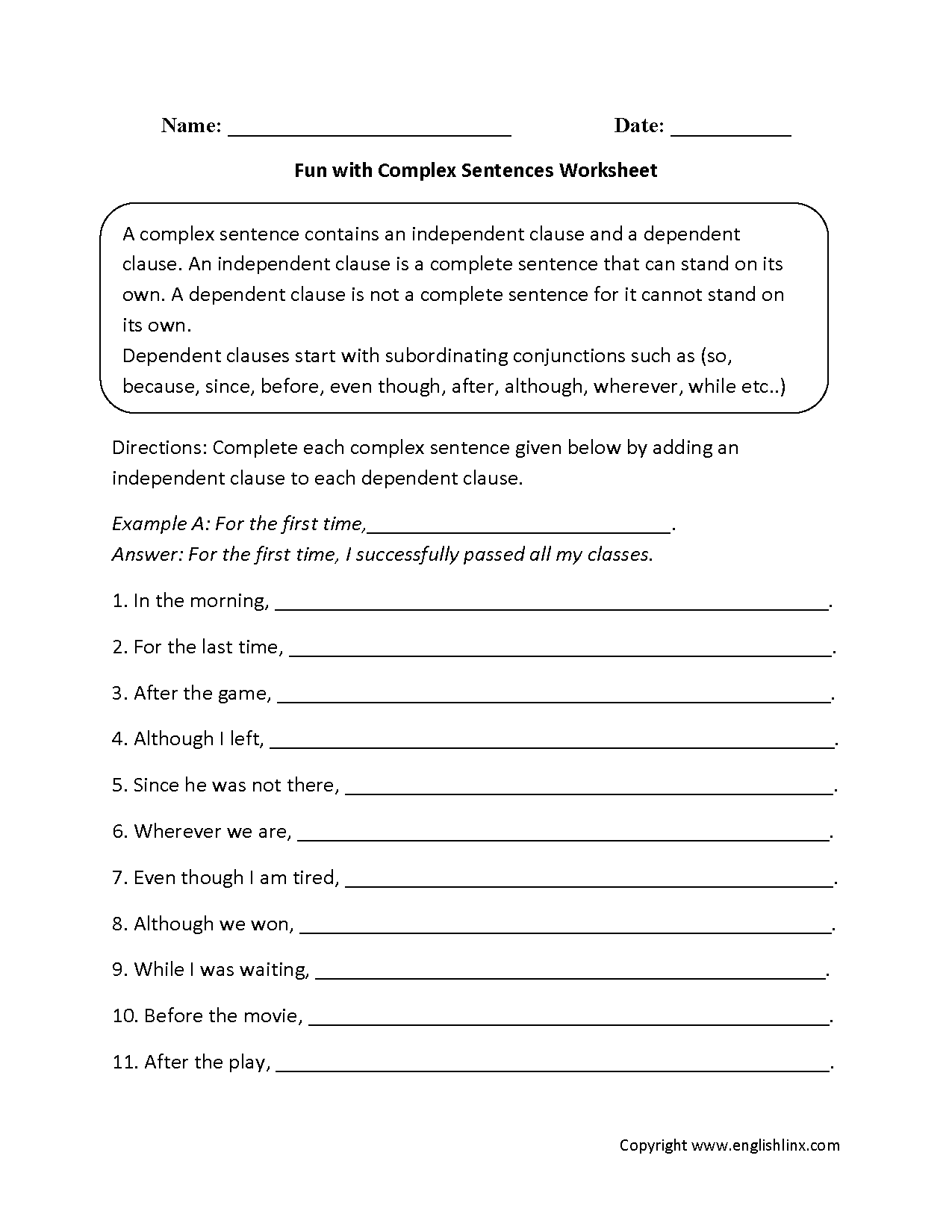 Complex Sentences Worksheet Pdf With Answers