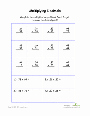 Decimal Multiplication Worksheets Grade 7