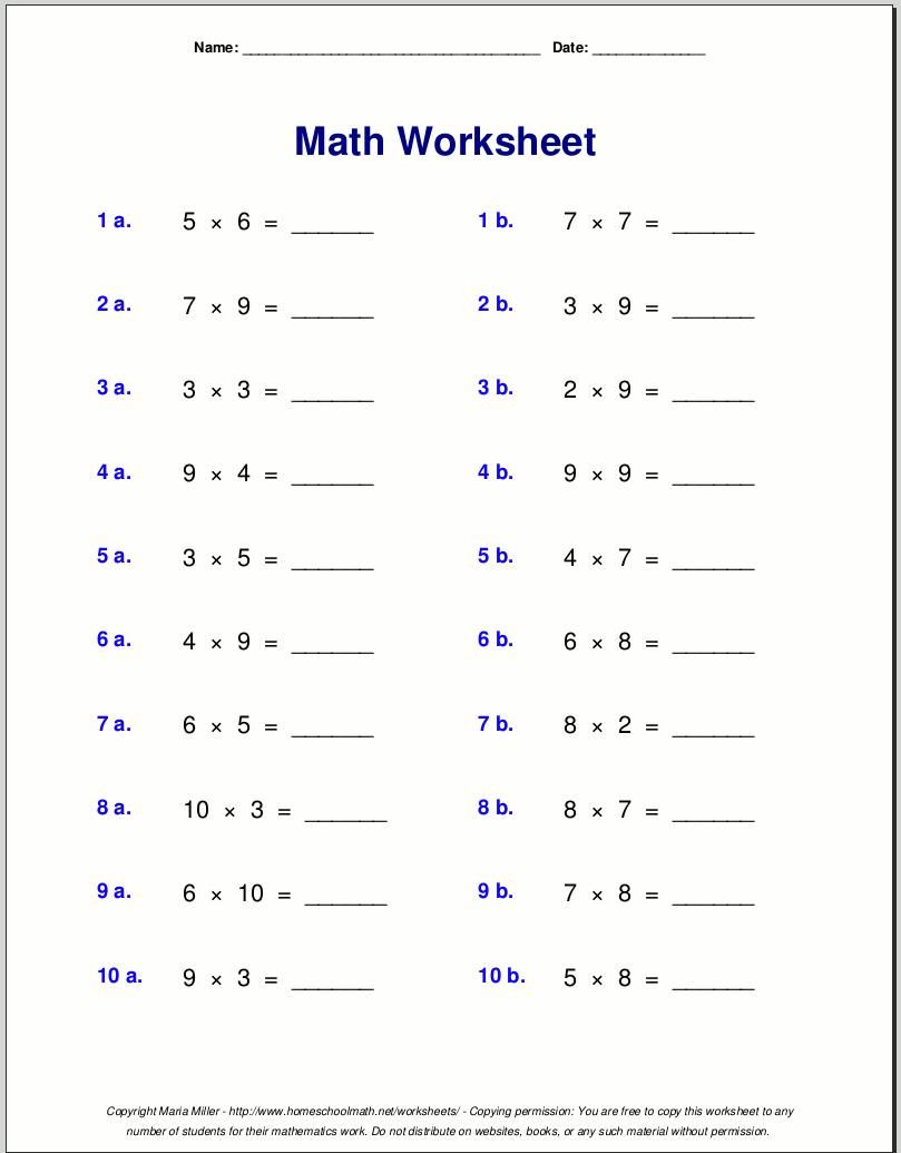 Free Multiplication Worksheets For 4th Grade