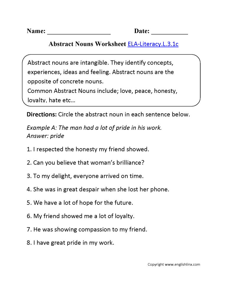 Abstract Noun Worksheets For Grade 3