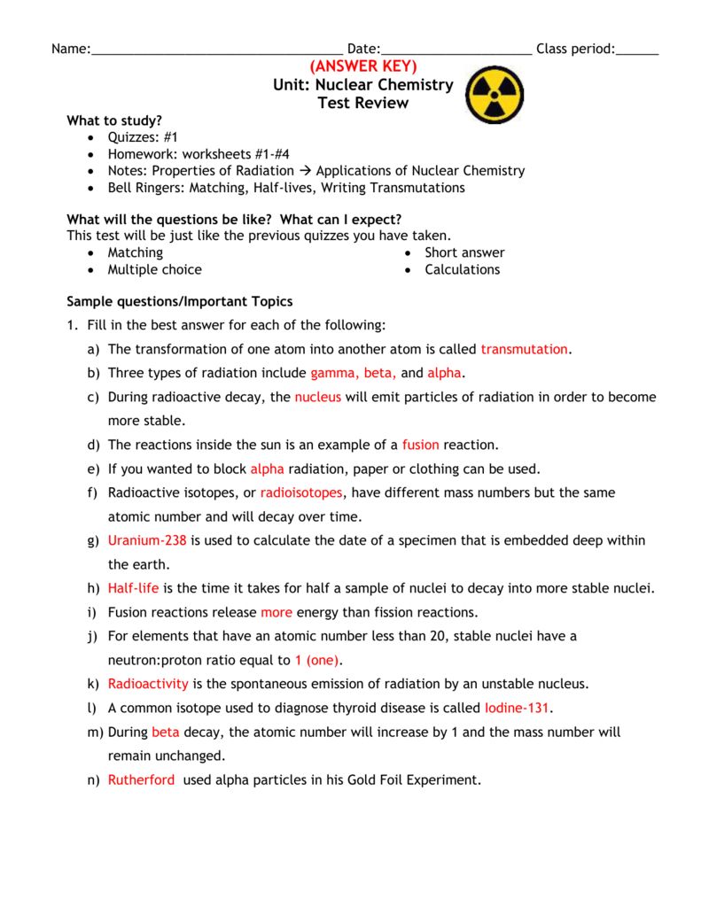 Nuclear Chemistry Half Life Problems Worksheet Answers