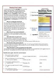 Elementary Food Labels Worksheet