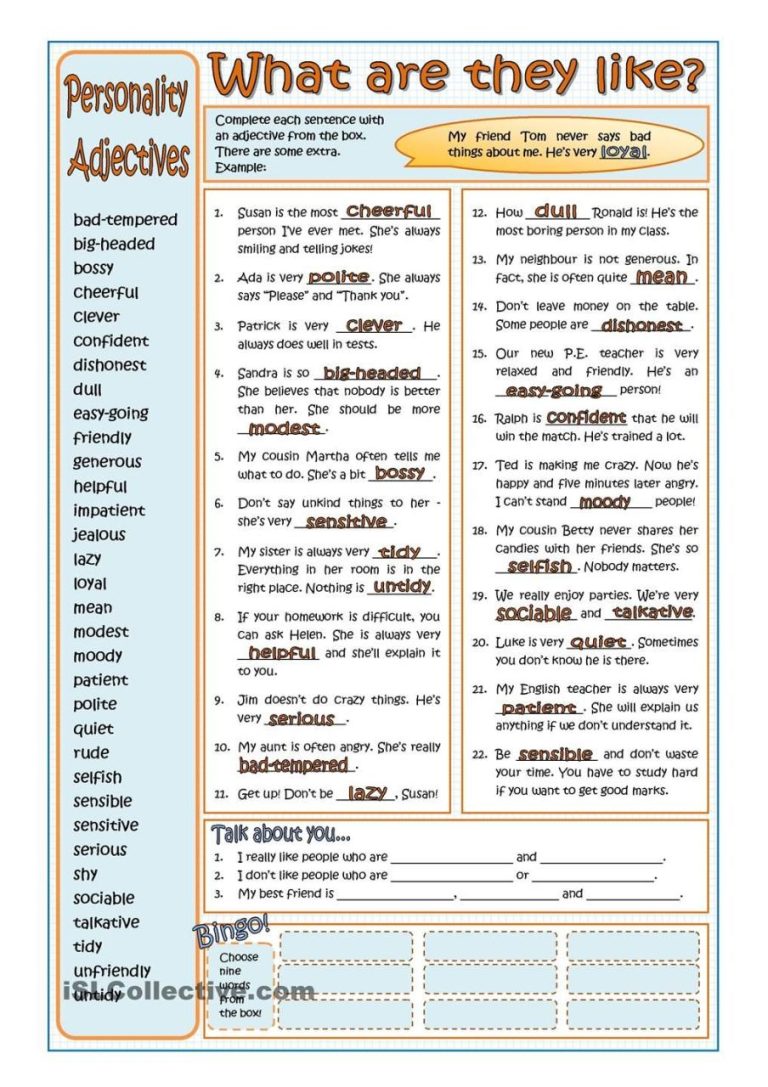 Grade 3 Personality Adjectives Worksheet