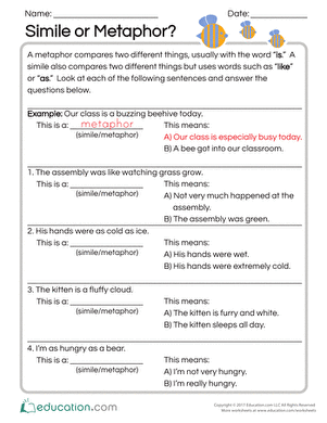 3rd Grade Similes And Metaphors Worksheet