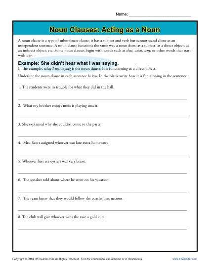 6th Grade Noun Clause Worksheet
