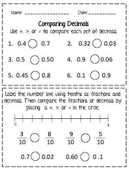 Comparing Decimals Worksheet 4th Grade Pdf