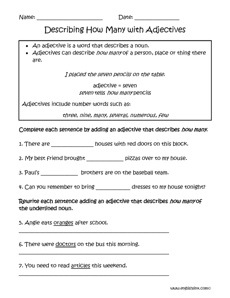 Grade 5 English Worksheets Adjectives