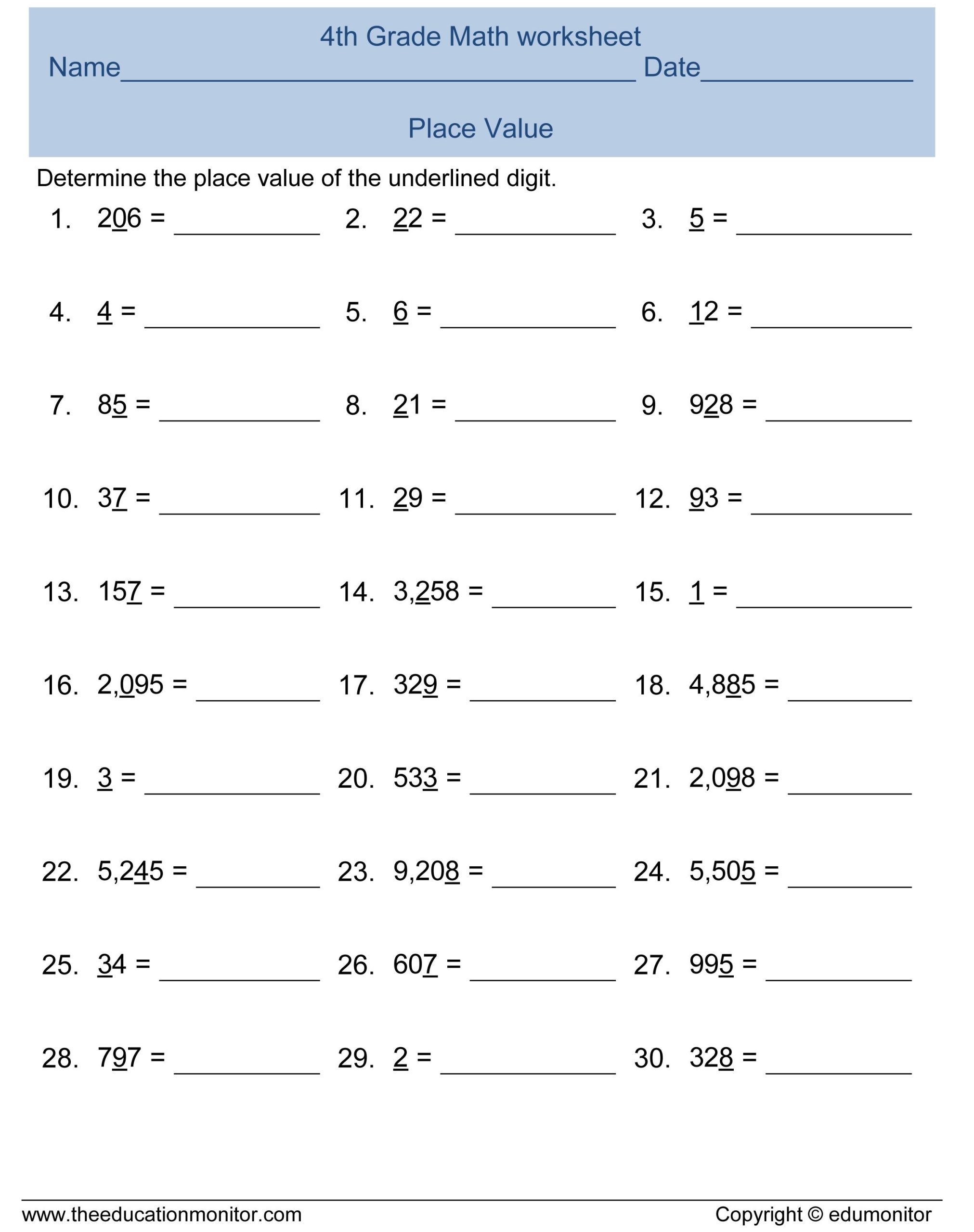 Fourth Grade Math Worksheets Place Value