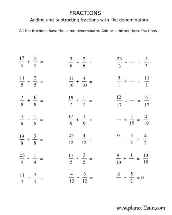 Adding And Subtracting Fractions With Like Denominators Worksheets Pdf