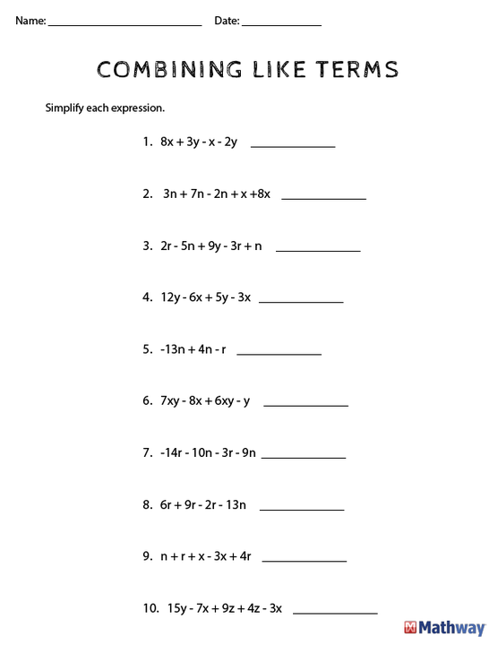 Combining Like Terms Worksheet 6th Grade