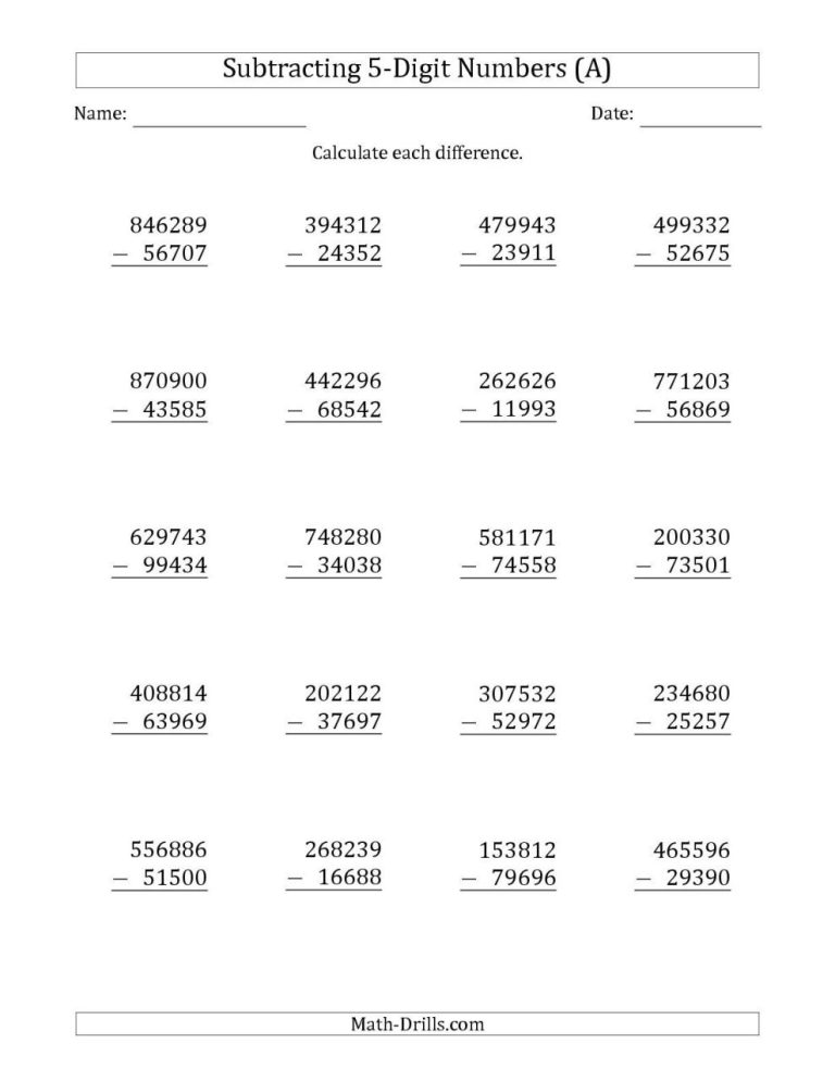 Maths Worksheet For Class 5 Subtraction