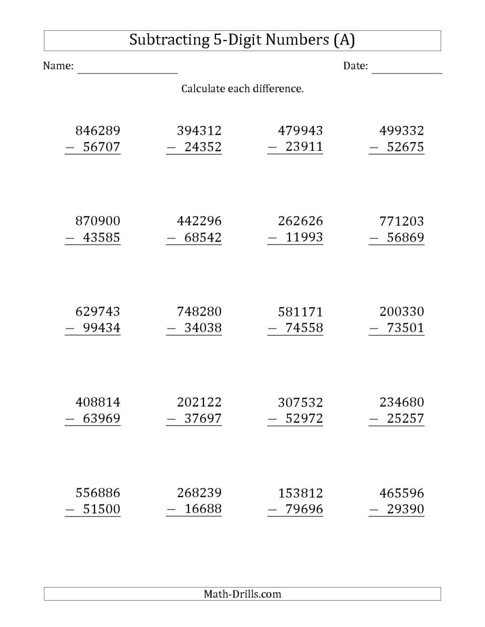 Maths Worksheet For Class 5 Subtraction
