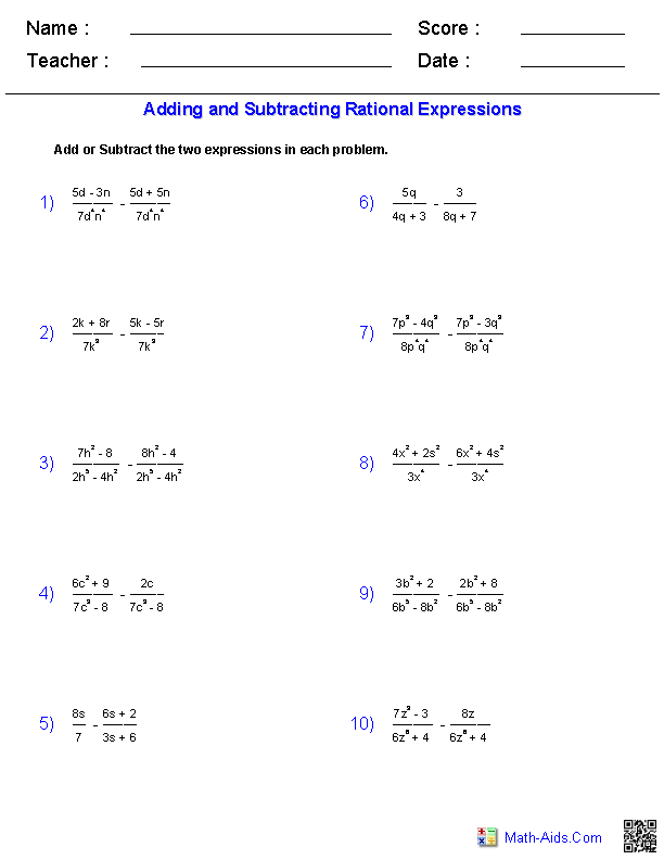Equation Simplifying Rational Expressions Worksheet