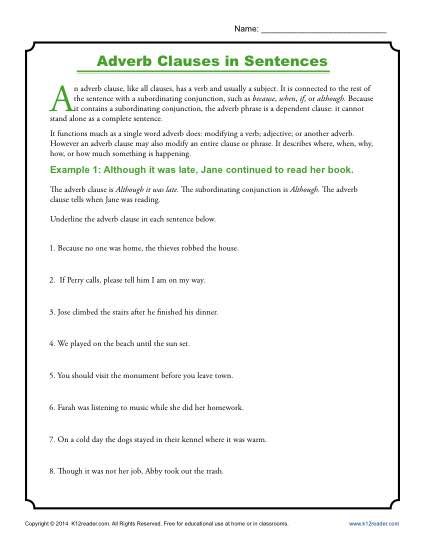 Adverb Clause Worksheet