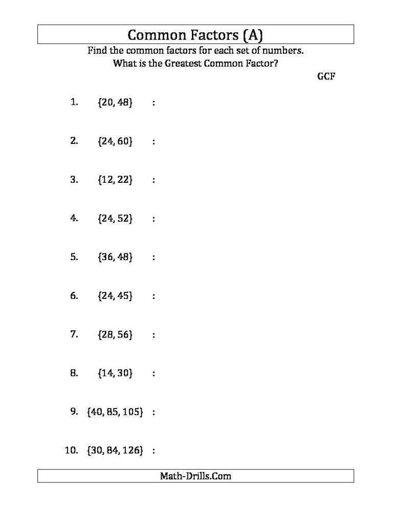 4th Grade Common Factors Worksheet