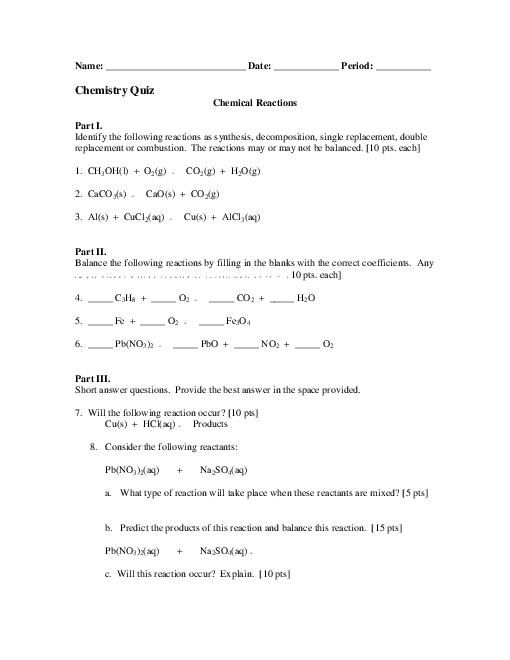 Chemistry Single Replacement Reaction Worksheet
