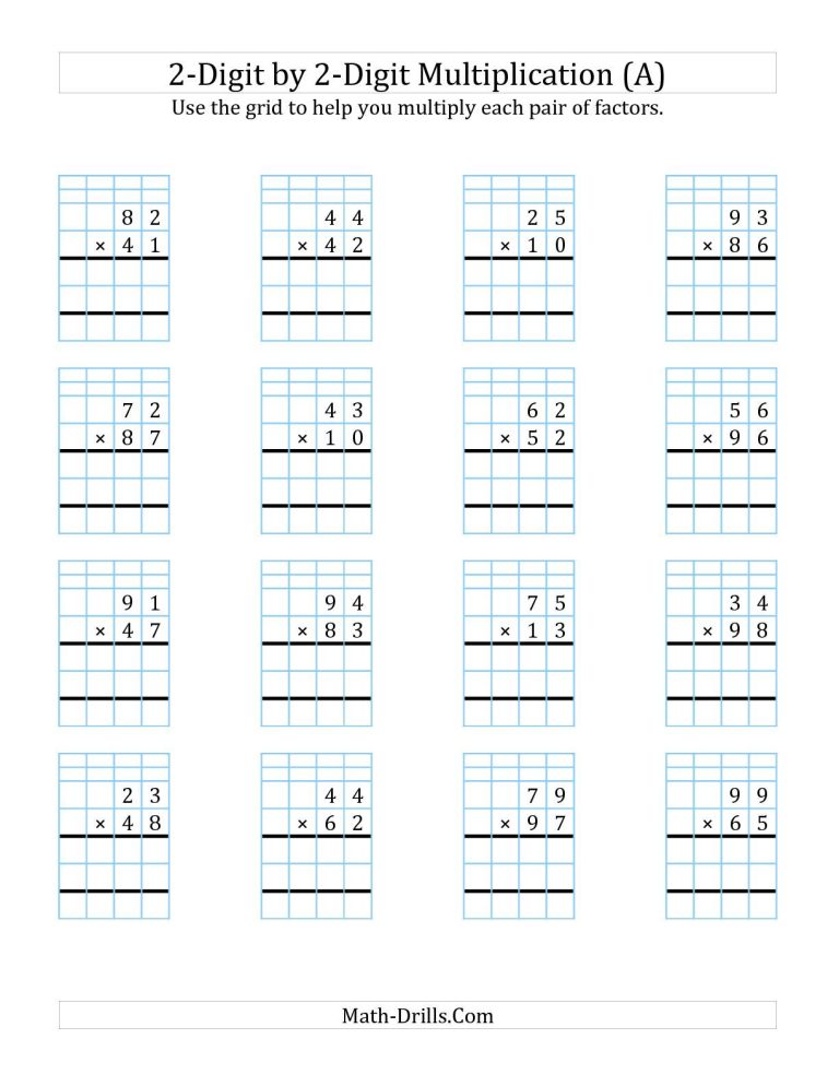2 Digit By 2 Digit Multiplication Worksheets With Grids