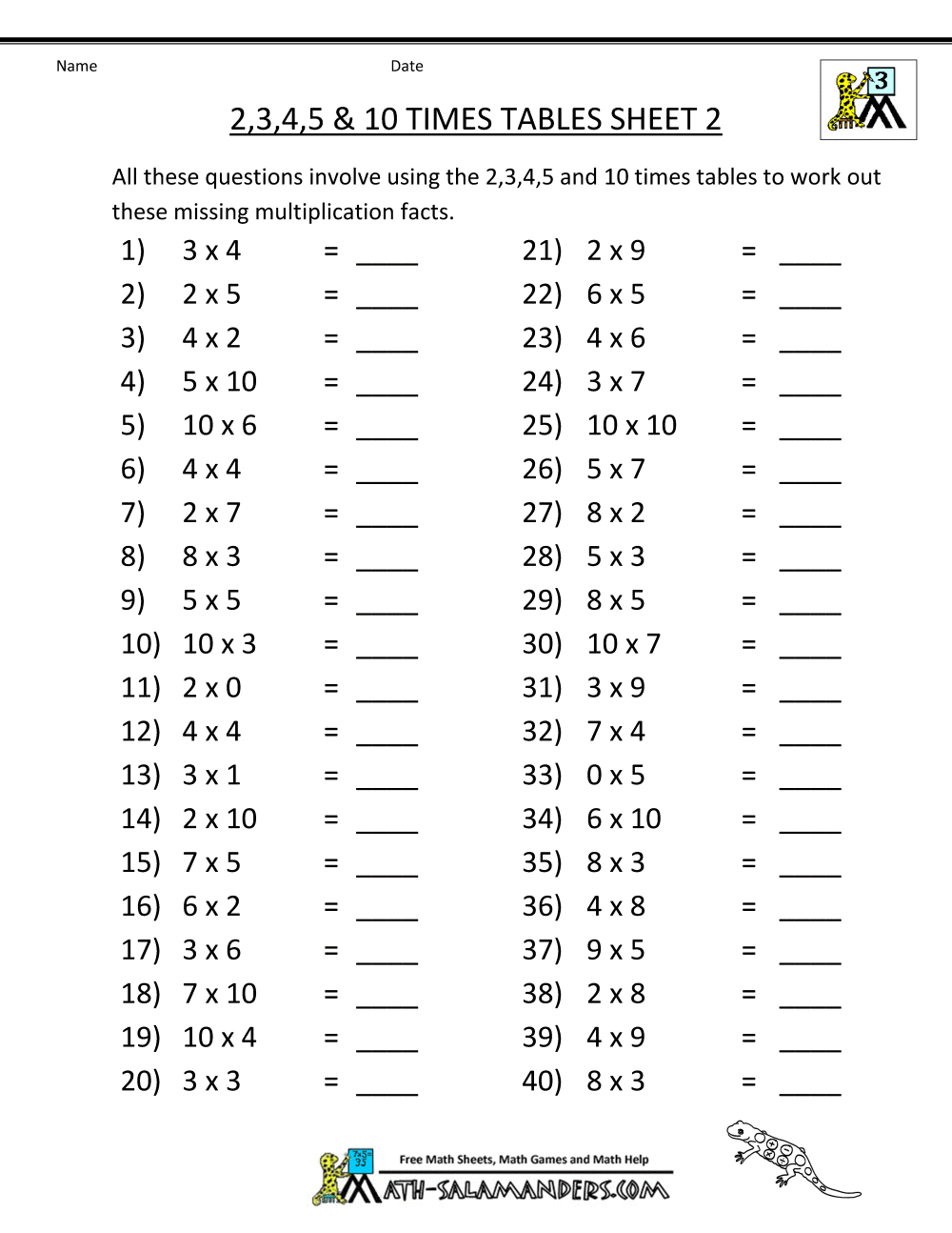 1 2 And 3 Times Tables Worksheets