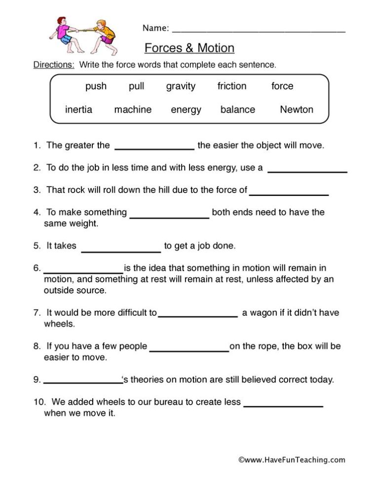3rd Grade Science Worksheets On Force And Motion