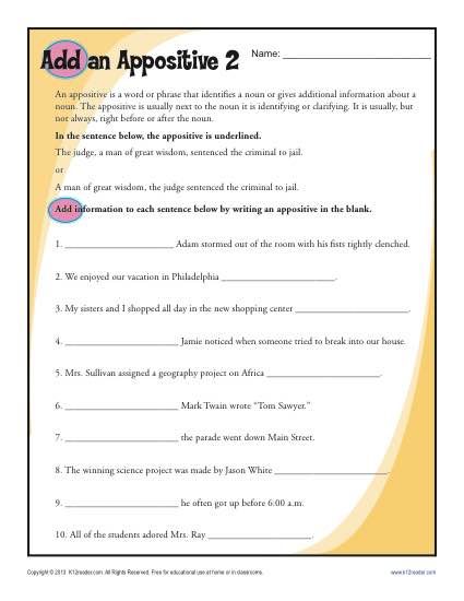 6th Grade Appositive Worksheet
