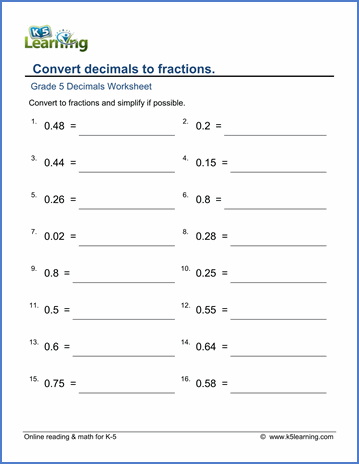 Converting Fractions To Decimals Worksheet Grade 5