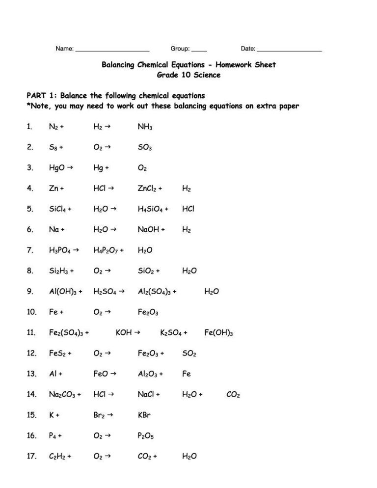 Grade 10 Balancing Chemical Equations Worksheet