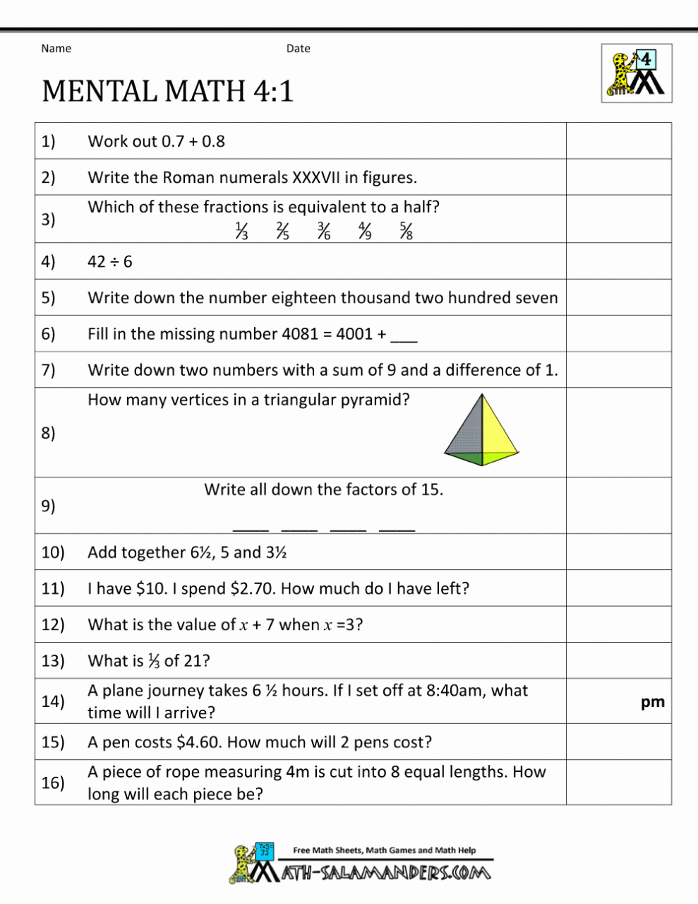 Mental Maths For Class 4 With Answers