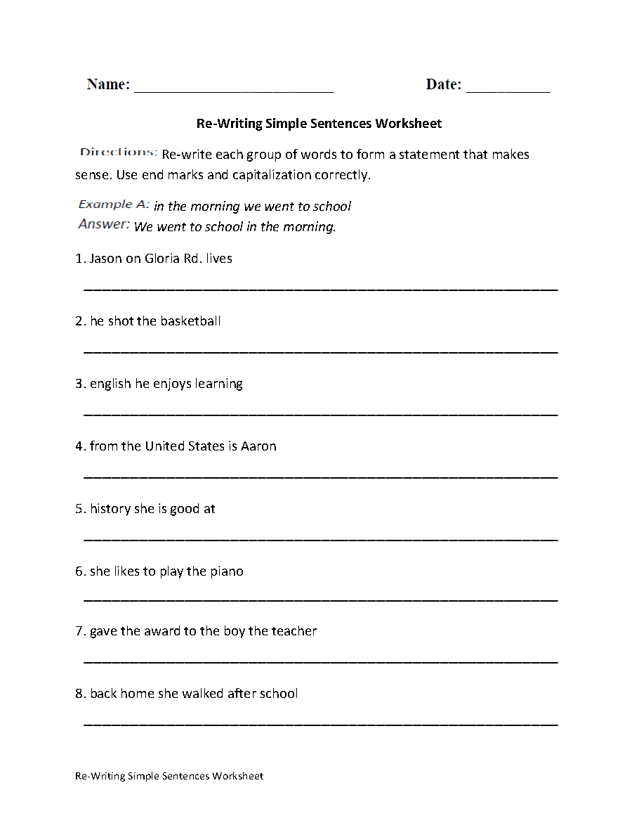 Simple Sentence Worksheets