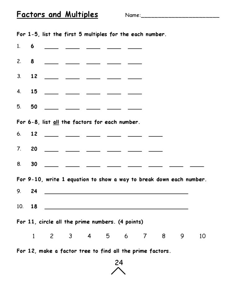 Factors And Multiples Worksheet Grade 6