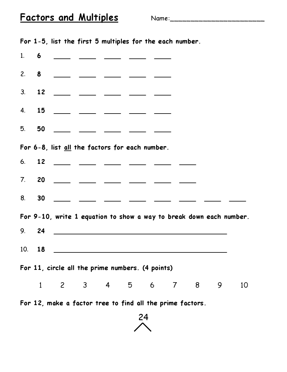 Factors And Multiples Worksheet For Grade 5