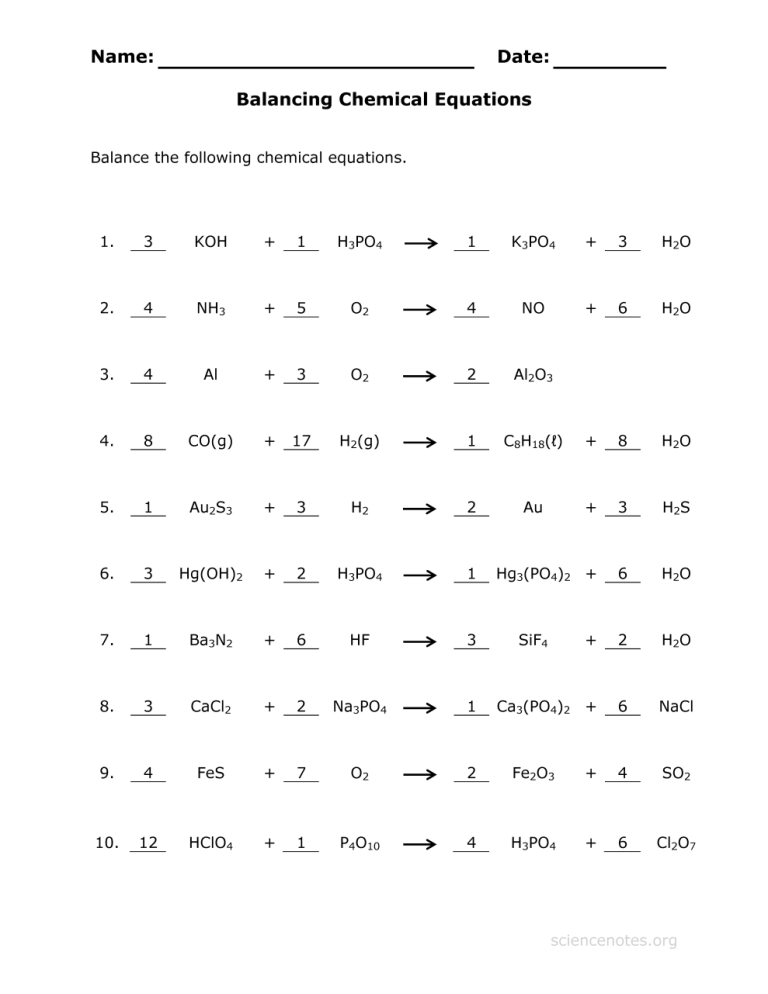 Chemical Equations Worksheet Answer Key