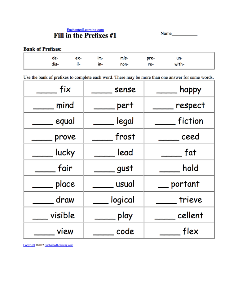 Prefixes Worksheets
