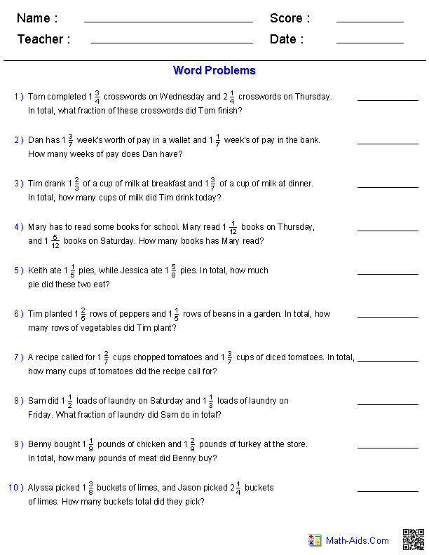 Fraction Word Problems Worksheets For Grade 5